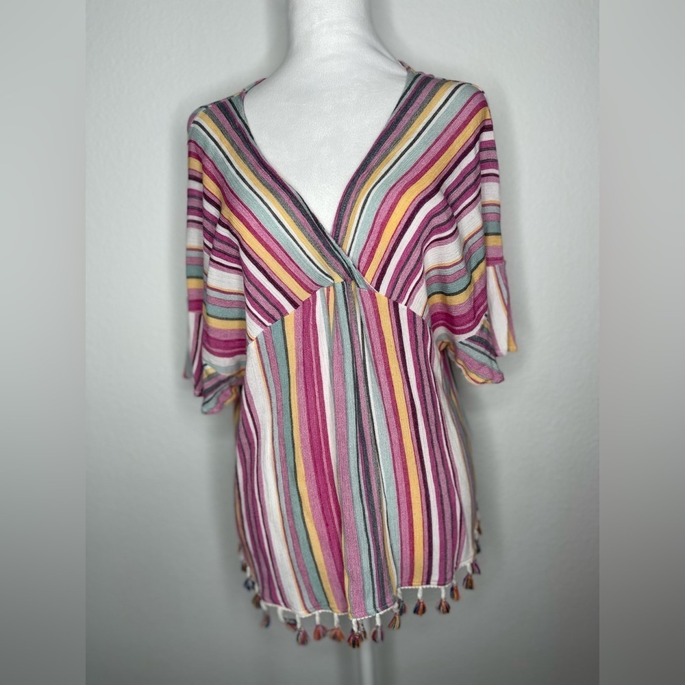 Kori Multicolor Striped Tunic Tassels Lightweight Summer Resort  Size Medium - Picture 5 of 15